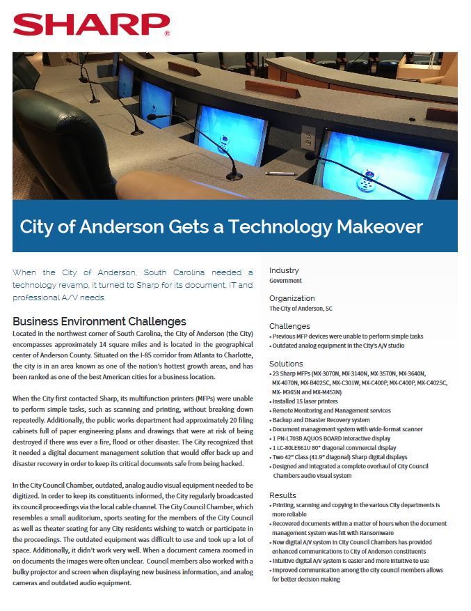 City Of Anderson Case Study Cover, Sharp, Advanced Office Copiers, Cleveland, Akron, Ohio, OH, Copier, Printer, MFP, Sharp, Kyocera, KIP, HP, Brother