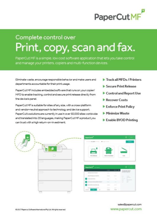 Fact Sheet Cover, Papercut MF, Advanced Office Copiers, Cleveland, Akron, Ohio, OH, Copier, Printer, MFP, Sharp, Kyocera, KIP, HP, Brother