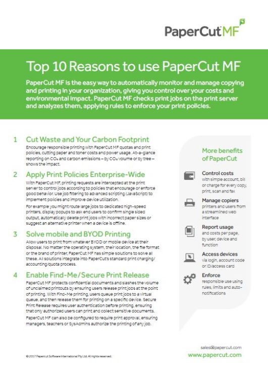 Top 10 Reasons, Papercut MF, Advanced Office Copiers, Cleveland, Akron, Ohio, OH, Copier, Printer, MFP, Sharp, Kyocera, KIP, HP, Brother