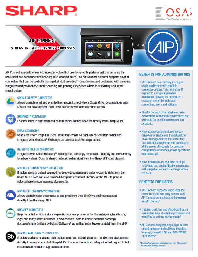 Aip Connect Data Sheet Cover, Sharp, Advanced Office Copiers, Cleveland, Akron, Ohio, OH, Copier, Printer, MFP, Sharp, Kyocera, KIP, HP, Brother