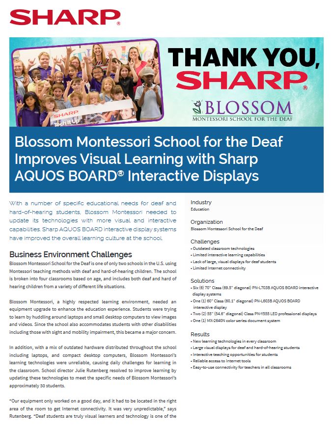Blossom Montessori School For The Deaf Aquos Board Pdf Cover, Aquos board, Sharp, Advanced Office Copiers, Cleveland, Akron, Ohio, OH, Copier, Printer, MFP, Sharp, Kyocera, KIP, HP, Brother