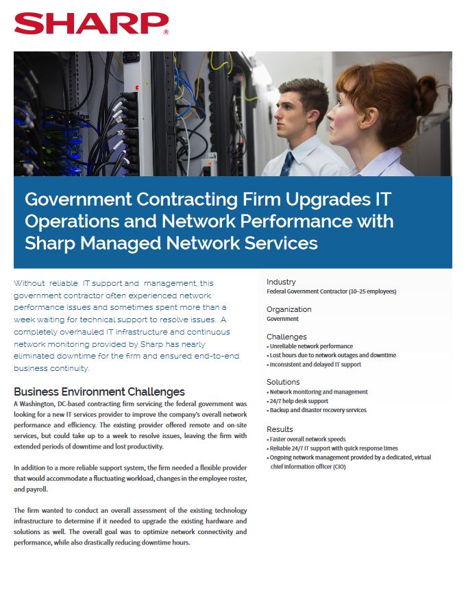 Governemnet Contractor It Case Study Cover, Sharp, Advanced Office Copiers, Cleveland, Akron, Ohio, OH, Copier, Printer, MFP, Sharp, Kyocera, KIP, HP, Brother