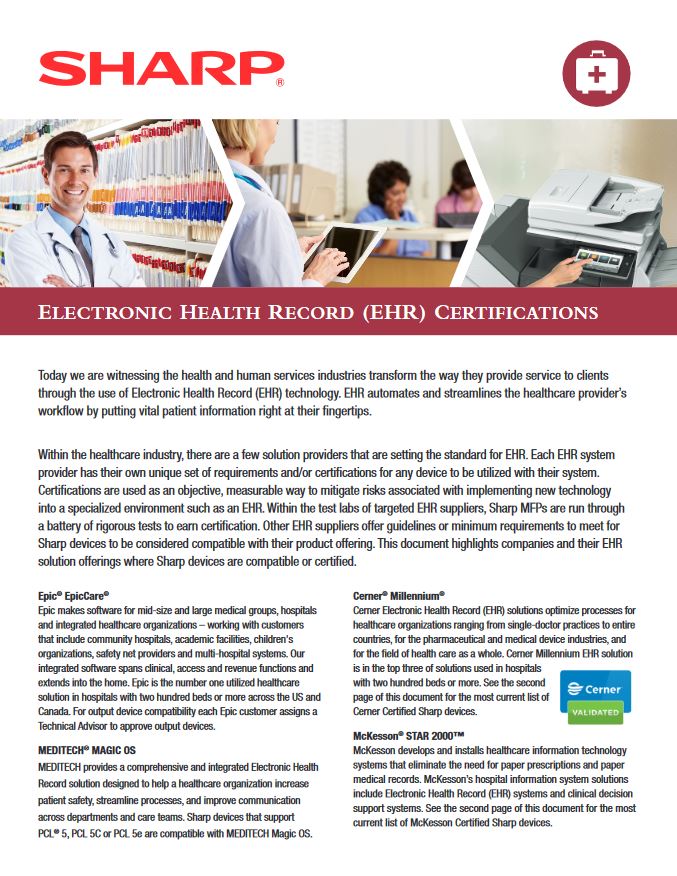 Healthcare Ehr Emr Application Compatibility, Sharp, Advanced Office Copiers, Cleveland, Akron, Ohio, OH, Copier, Printer, MFP, Sharp, Kyocera, KIP, HP, Brother