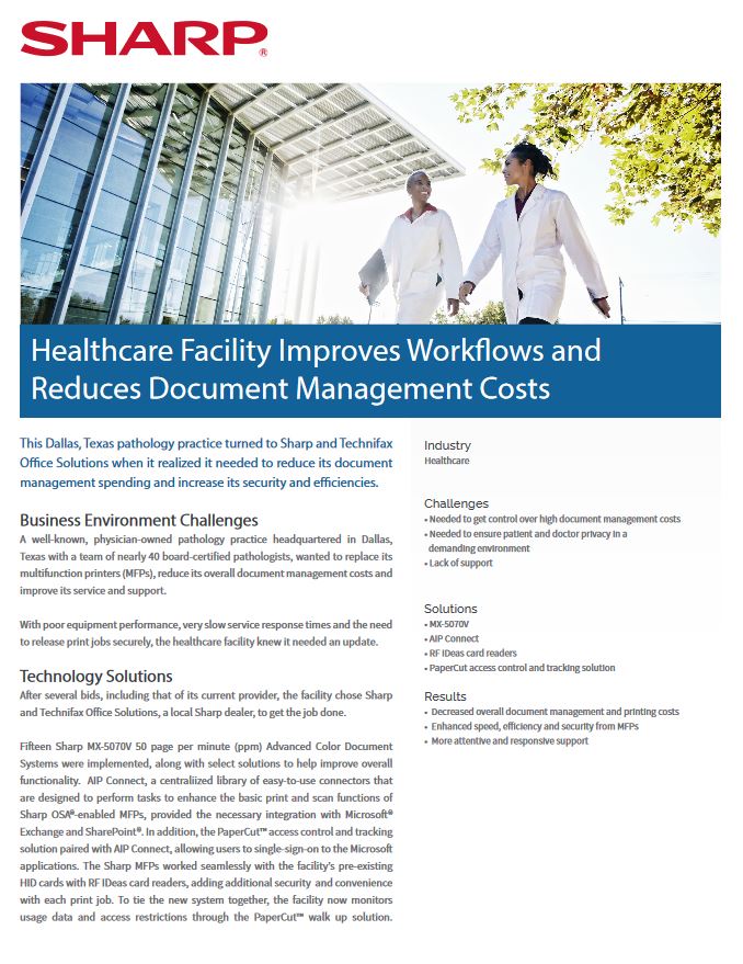 Healthcare Facility Case Study Pdf Cover, Sharp, Advanced Office Copiers, Cleveland, Akron, Ohio, OH, Copier, Printer, MFP, Sharp, Kyocera, KIP, HP, Brother