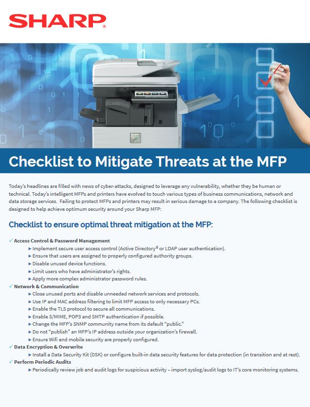 Mfp Security Checklist, Sharp, Advanced Office Copiers, Cleveland, Akron, Ohio, OH, Copier, Printer, MFP, Sharp, Kyocera, KIP, HP, Brother