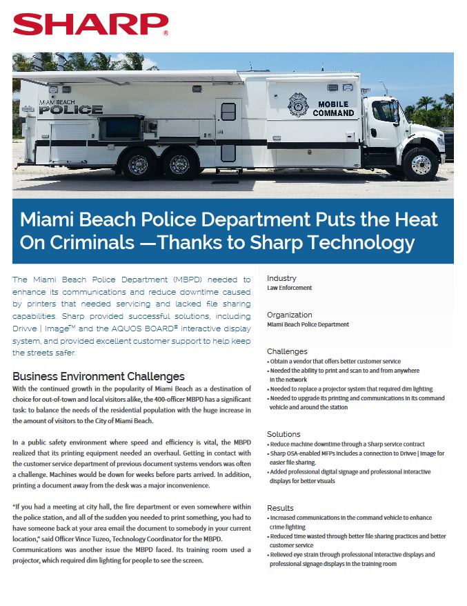 Miami Beach Police Aquos Pdf Cover, Aquos board, Sharp, Advanced Office Copiers, Cleveland, Akron, Ohio, OH, Copier, Printer, MFP, Sharp, Kyocera, KIP, HP, Brother