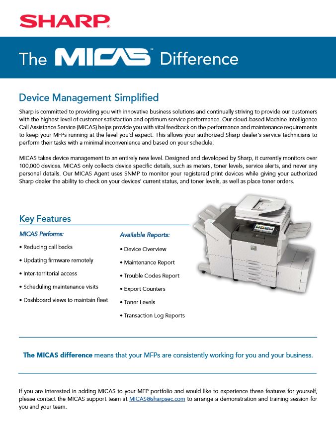 Sharp Micas Difference Data Sheet, Sharp, Advanced Office Copiers, Cleveland, Akron, Ohio, OH, Copier, Printer, MFP, Sharp, Kyocera, KIP, HP, Brother