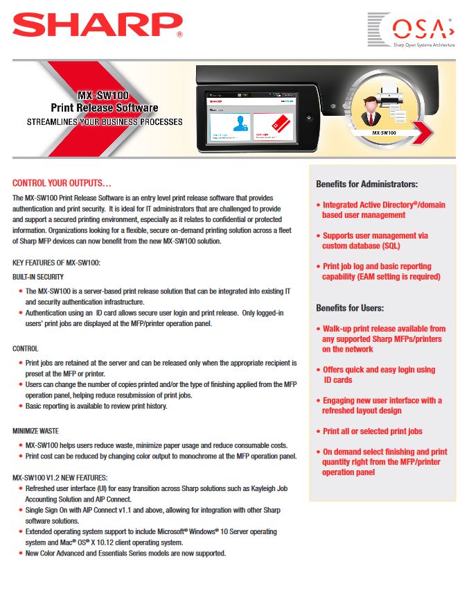 Sharp Mx Sw100 Data Sheet, Sharp, Advanced Office Copiers, Cleveland, Akron, Ohio, OH, Copier, Printer, MFP, Sharp, Kyocera, KIP, HP, Brother