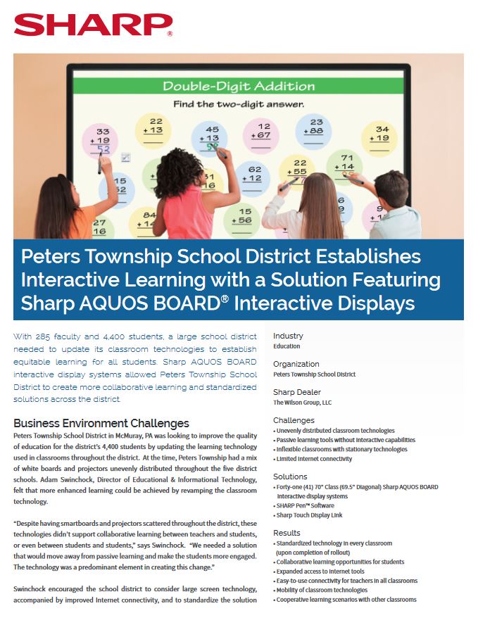 Peters Township School District Aquos Board Case Study, Sharp, Advanced Office Copiers, Cleveland, Akron, Ohio, OH, Copier, Printer, MFP, Sharp, Kyocera, KIP, HP, Brother
