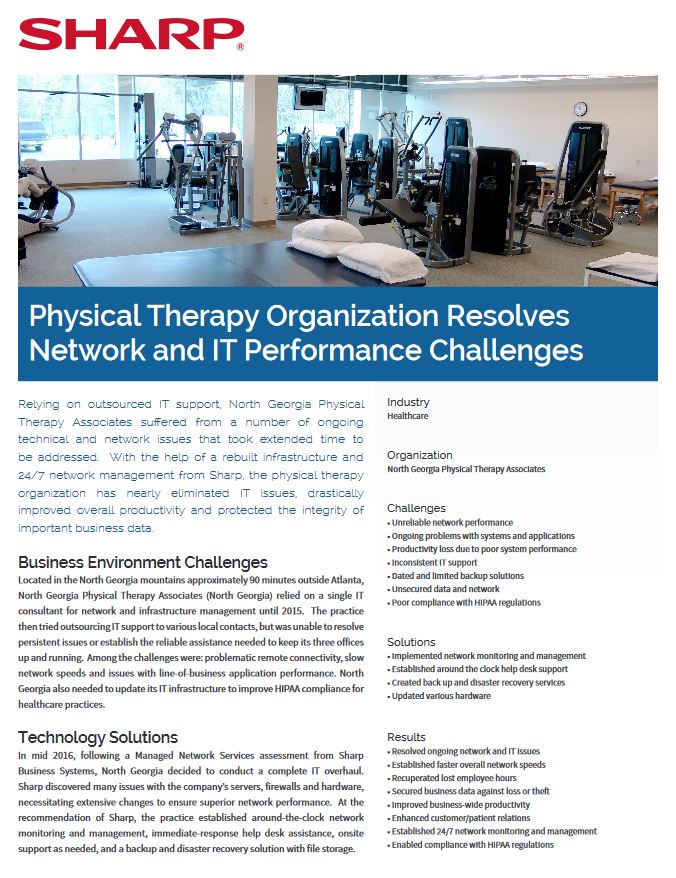 Physical Therapy Organization Case Study Pdf Cover, Sharp, Advanced Office Copiers, Cleveland, Akron, Ohio, OH, Copier, Printer, MFP, Sharp, Kyocera, KIP, HP, Brother