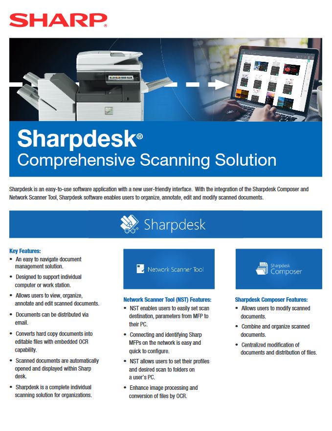 Sharpdesk Data Sheet, Sharp, Advanced Office Copiers, Cleveland, Akron, Ohio, OH, Copier, Printer, MFP, Sharp, Kyocera, KIP, HP, Brother