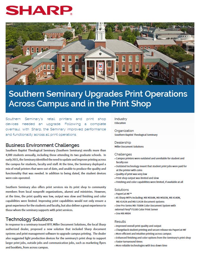 Southern Seminary Print Operations Case Study Education, Sharp, Advanced Office Copiers, Cleveland, Akron, Ohio, OH, Copier, Printer, MFP, Sharp, Kyocera, KIP, HP, Brother