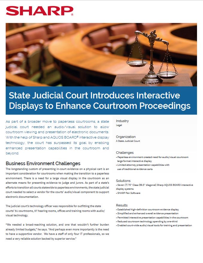 State Judicial Court Case Study Cover Legal, Sharp, Advanced Office Copiers, Cleveland, Akron, Ohio, OH, Copier, Printer, MFP, Sharp, Kyocera, KIP, HP, Brother